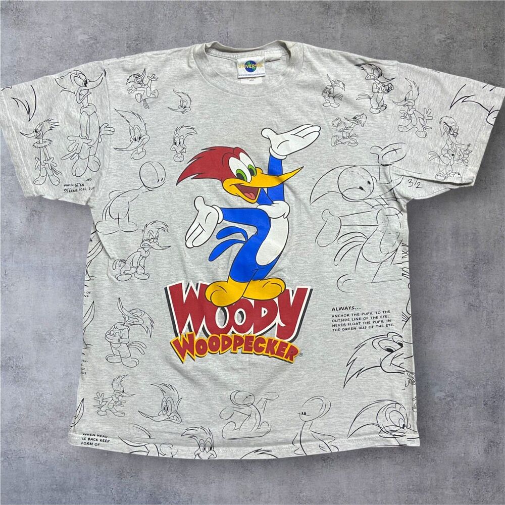 Universal Studios Woody Woodpecker AOP Gray Character Design Tee Men's Size L